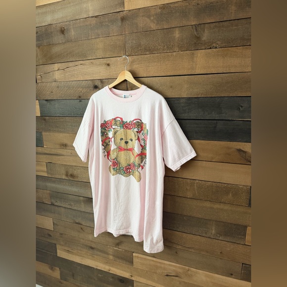 Vintage 90s Teddy Bear Graphic Tee Pink Made In USA - Picture 7 of 10